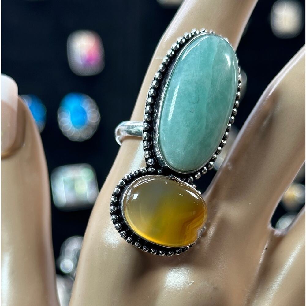 Amazonite and agate two stone ring gemstone handmade silver plated, size 9
